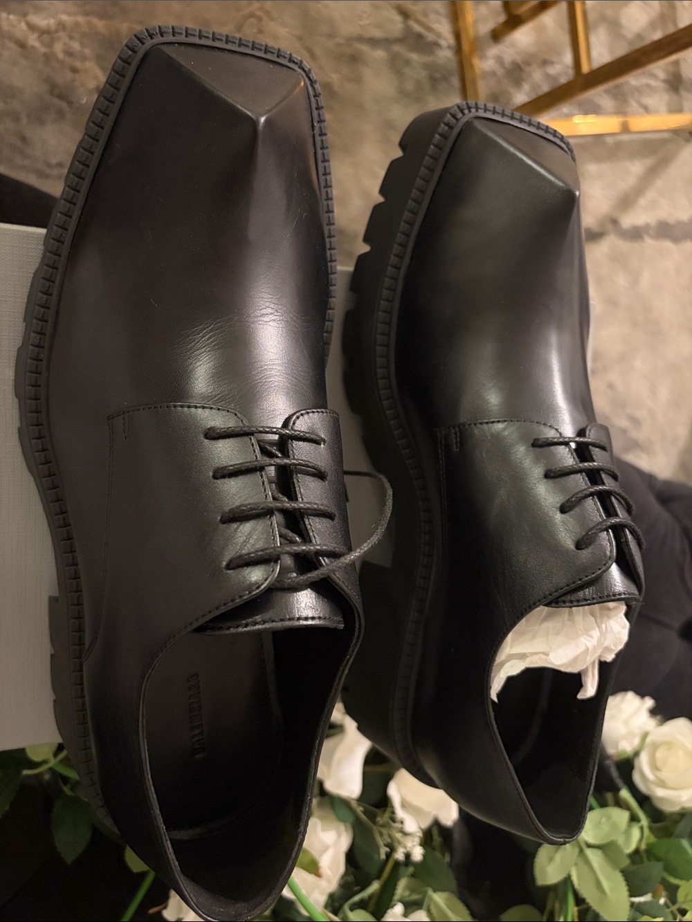 Balenciaga Men's Black Leather Square-Toe Derby Shoes